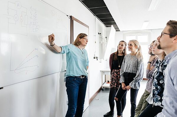 Eine Frau erklärt Studierenden eine Konstruktionszeichnung am Whiteboard.