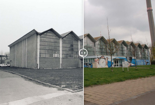 Die HTWK-Sporthalle in der Arno-Nitzsche-Straße: gestern und heute. (Fotos: HTWK Archiv/M. Dietsche)
