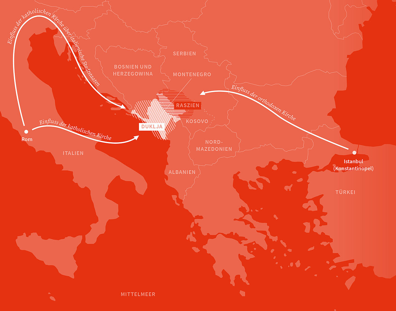 Die Karte zeigt einen rot eingefärbten Ausschnitt Europas zwischen Italien und der Türkei